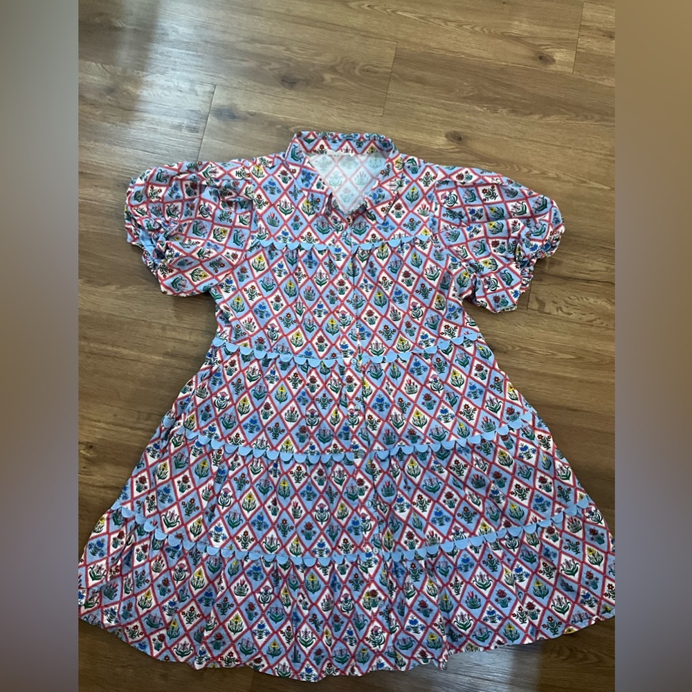 entro Floral Diamond Print Tiered Dress in White, Red, Blue and Green